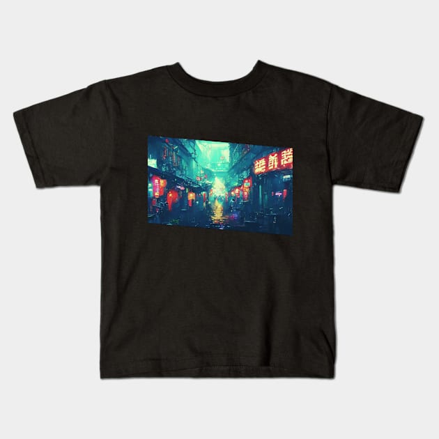 Cyberpunk Neon Rain City Kids T-Shirt by FabDesign